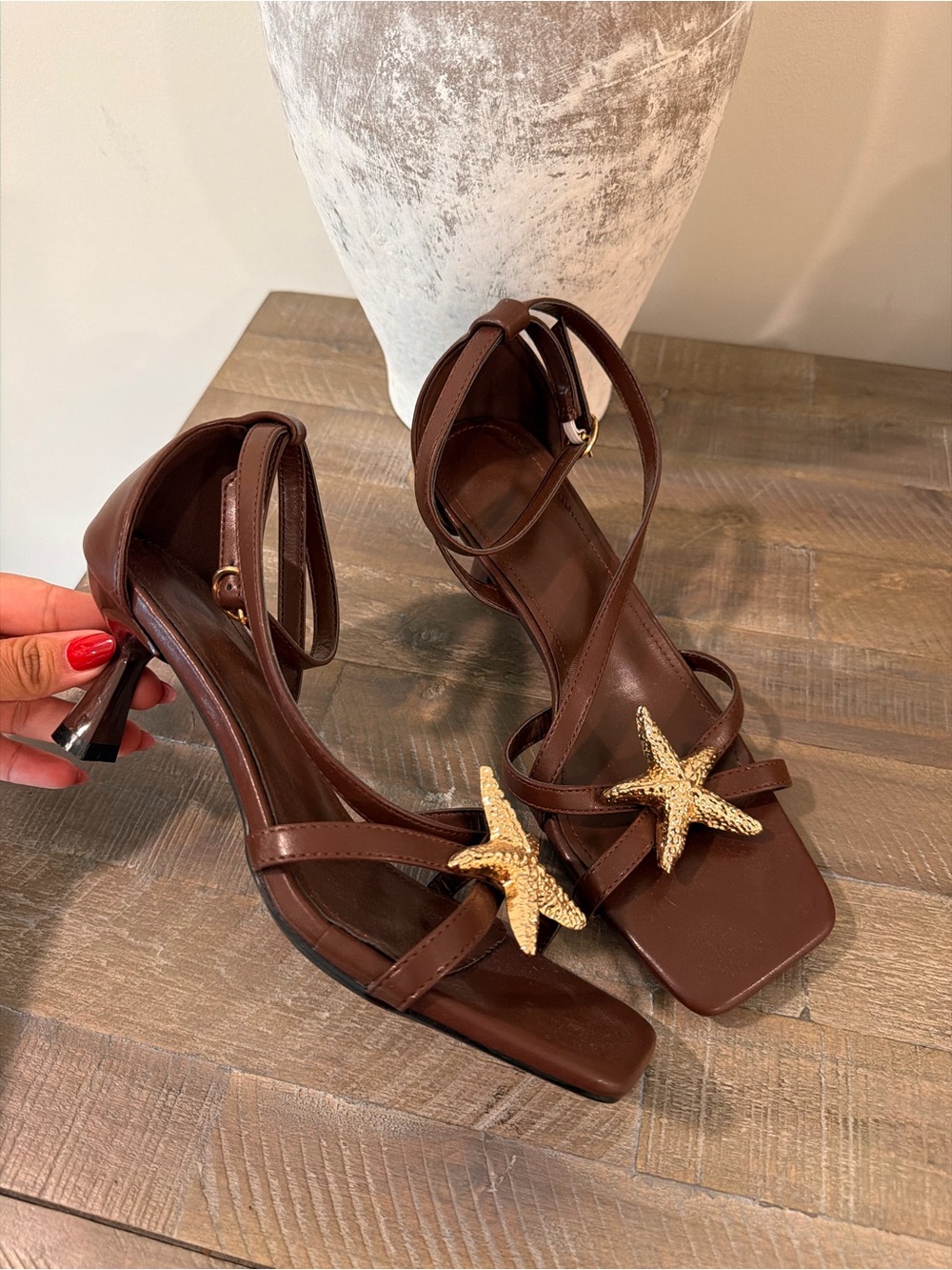 SHEIN Brown Ankle-Strap Heeled Sandals with Gold Starfish